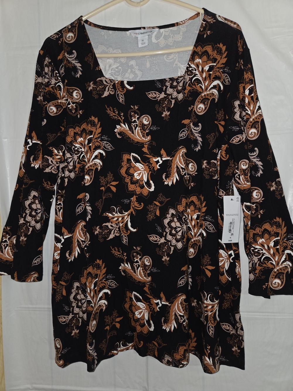 Liz Claiborne Black Tunic with Brown and Cream Floral Paisley